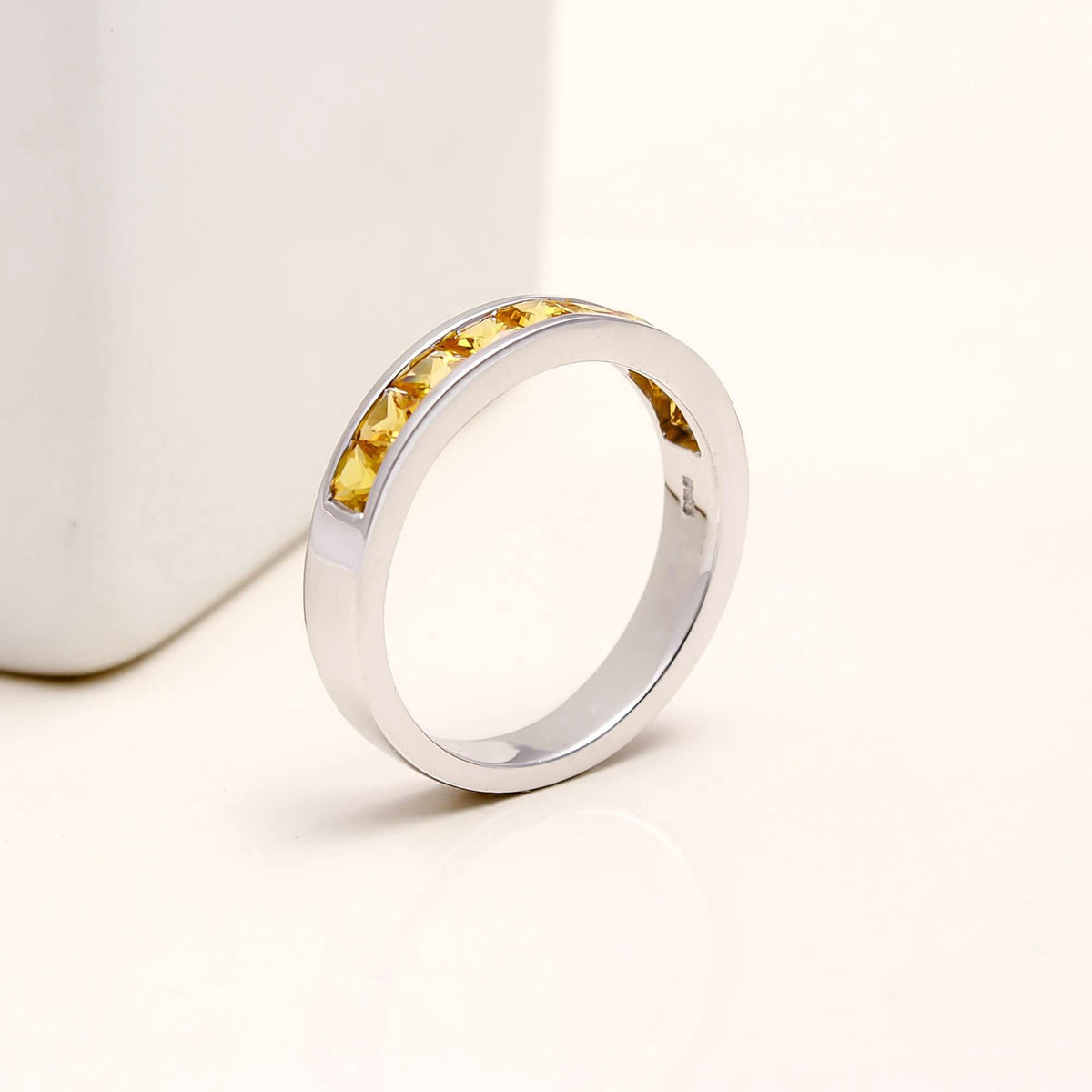 Natural Yellow Sapphire Eternity Band Ring - 925 Sterling Silver